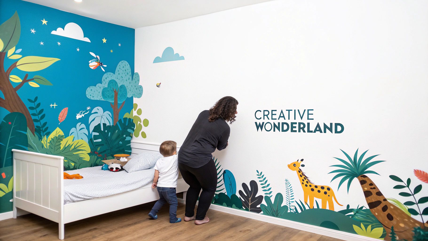 A woman and a child applying jungle-themed wall stickers in a colorful children's bedroom.
