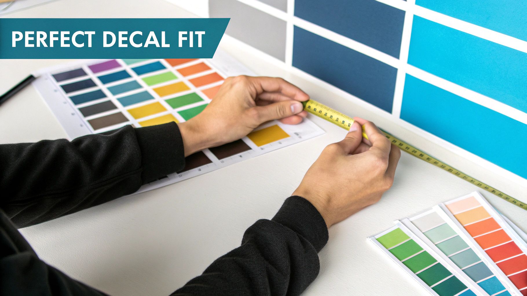 Designer measuring wall for perfect decal fit, with various color samples and swatches on desk.