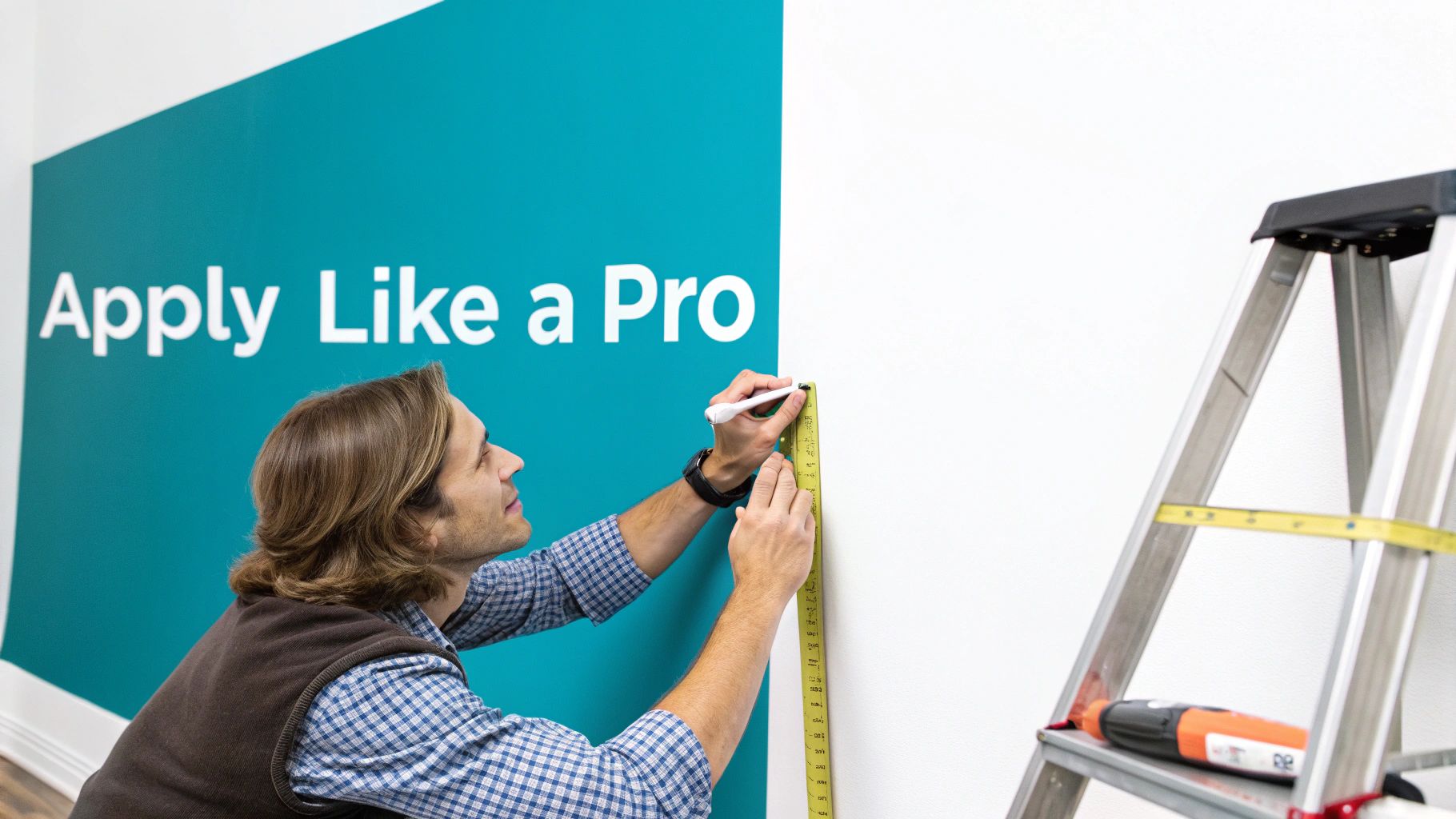 A man measures a wall with a tape measure, preparing for vinyl decal application next to 'Apply Like a Pro' graphic.