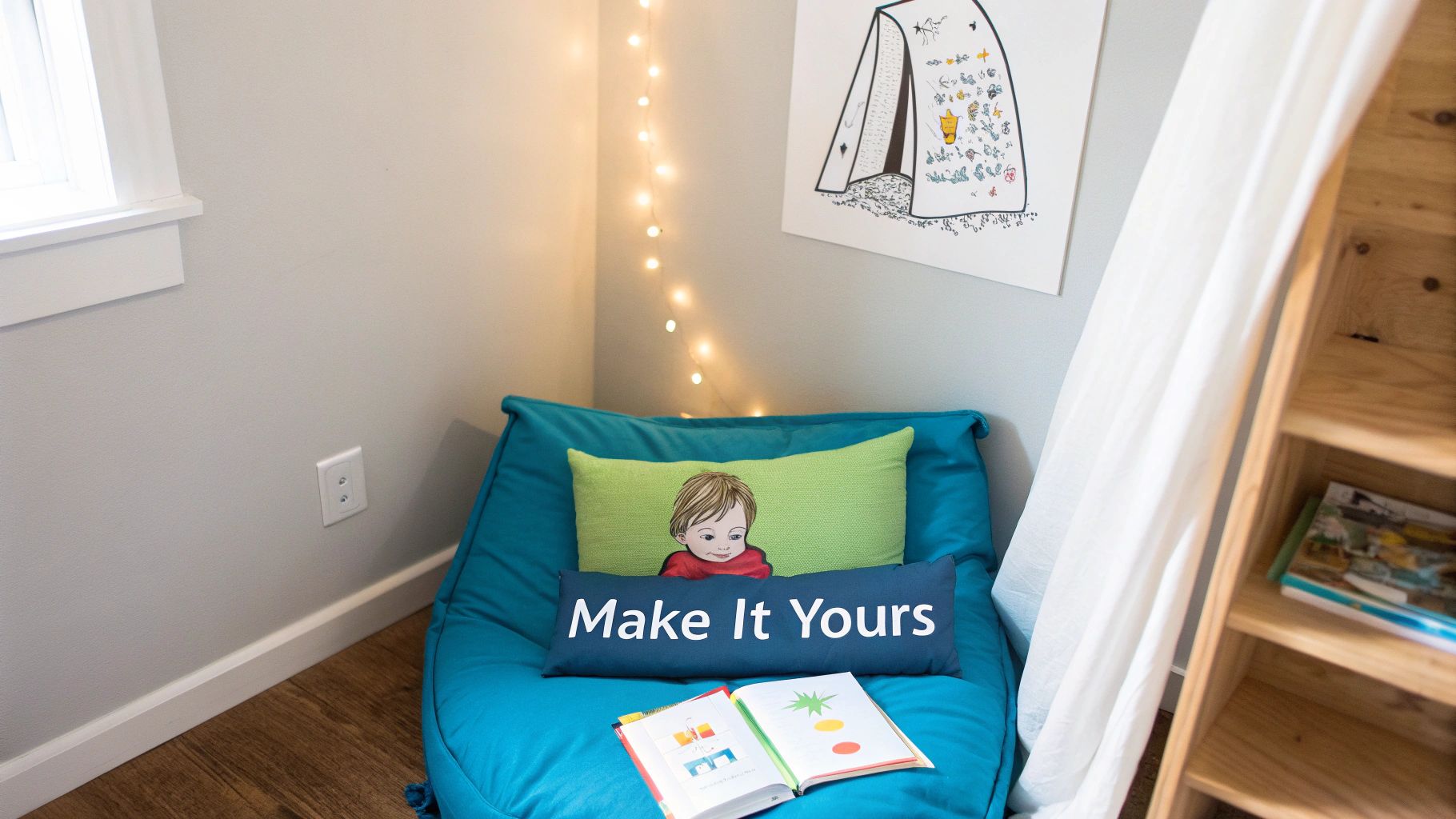Cozy corner with a teal bean bag chair, pillows, books, string lights, and wall art.