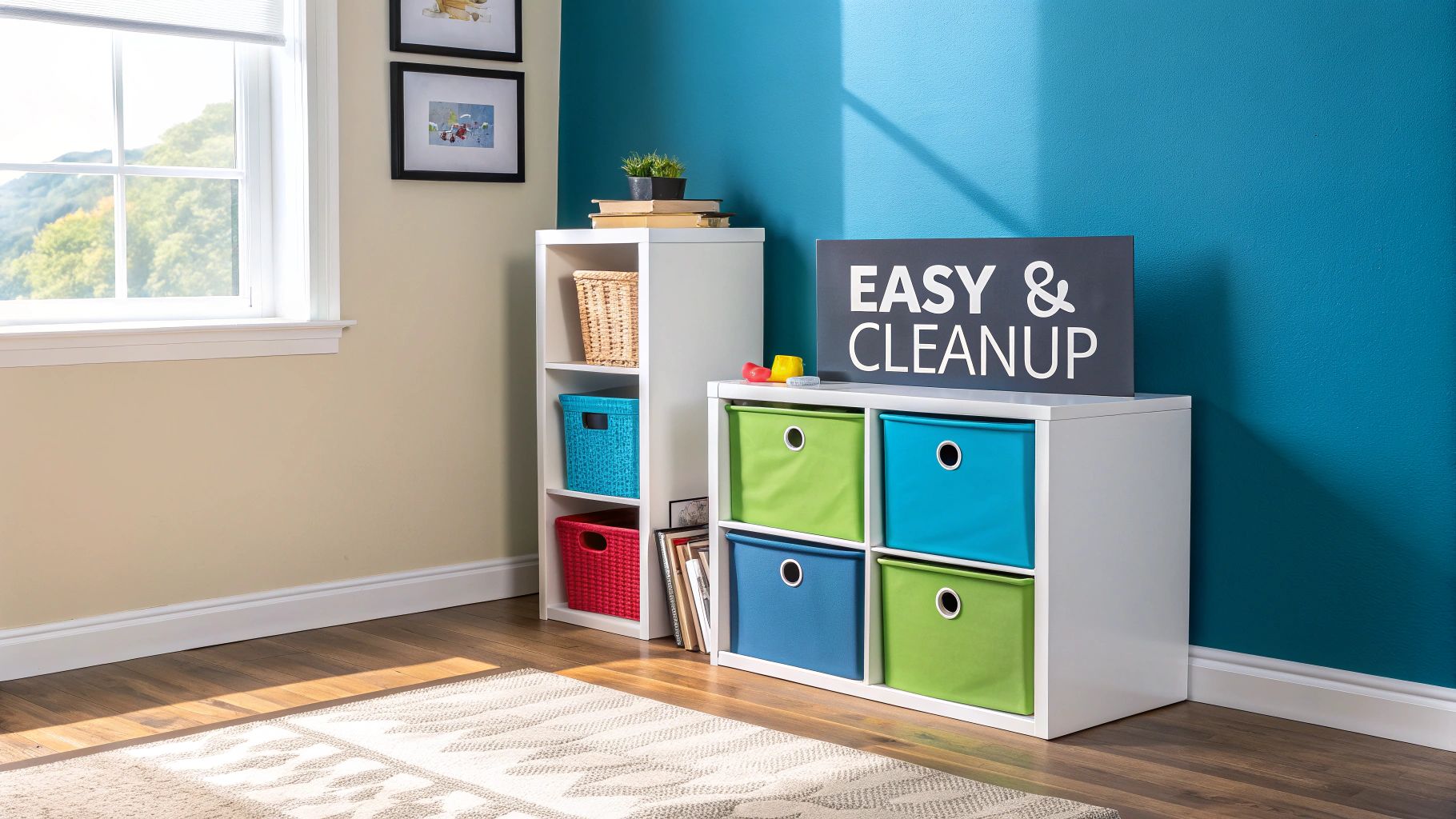 Kids' room featuring white cube storage with colourful bins, baskets, and a sign for easy cleanup.