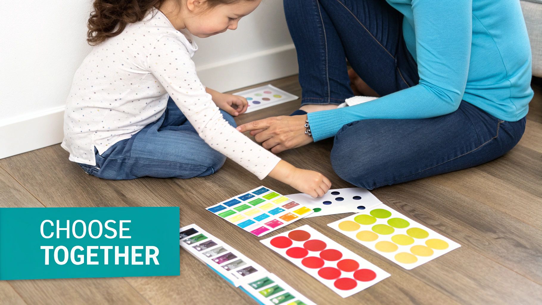 Child and adult on floor choosing colorful wall stickers, pointing to different options.