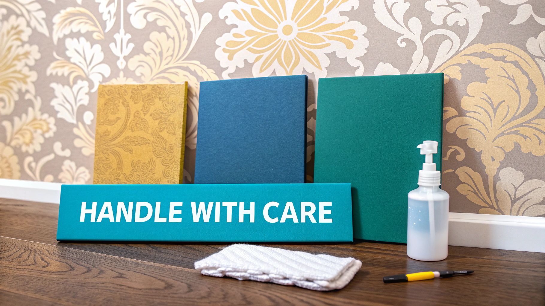 A 'Handle with Care' sign on a wooden floor, with cleaning supplies and colorful panels.