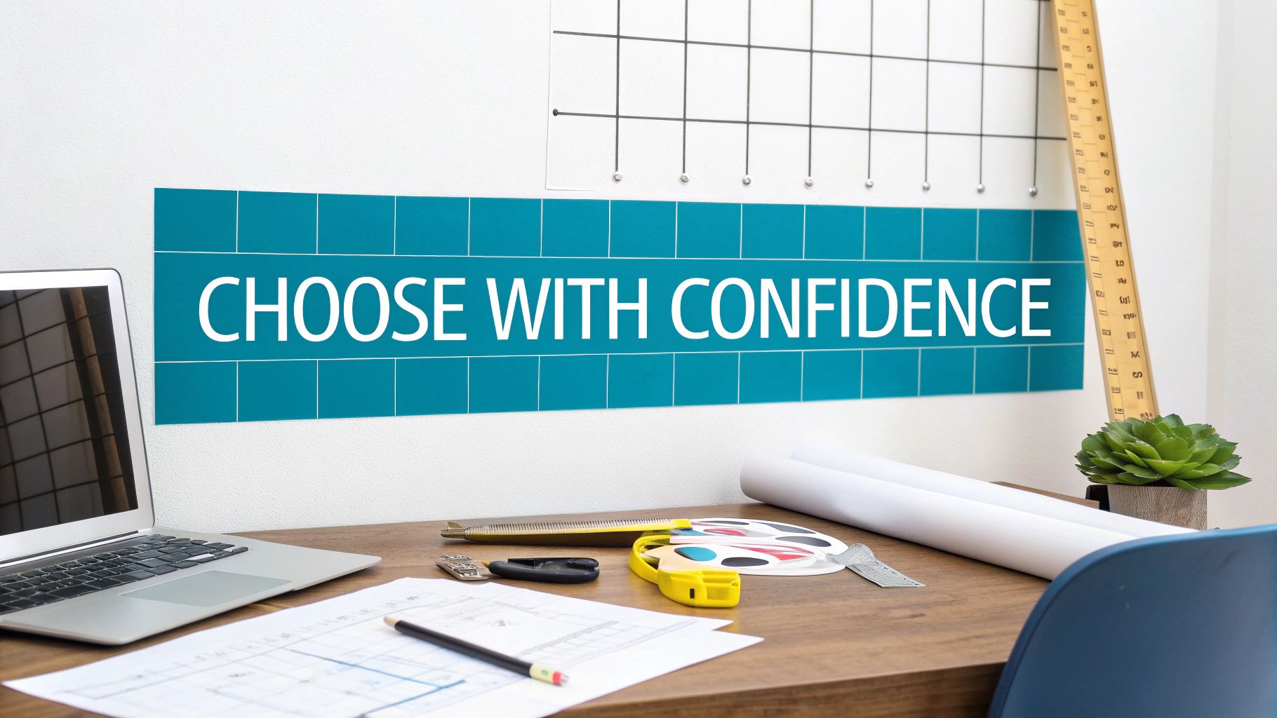 A modern office desk featuring a laptop, various tools, and an inspirational 'CHOOSE WITH CONFIDENCE' wall sticker.