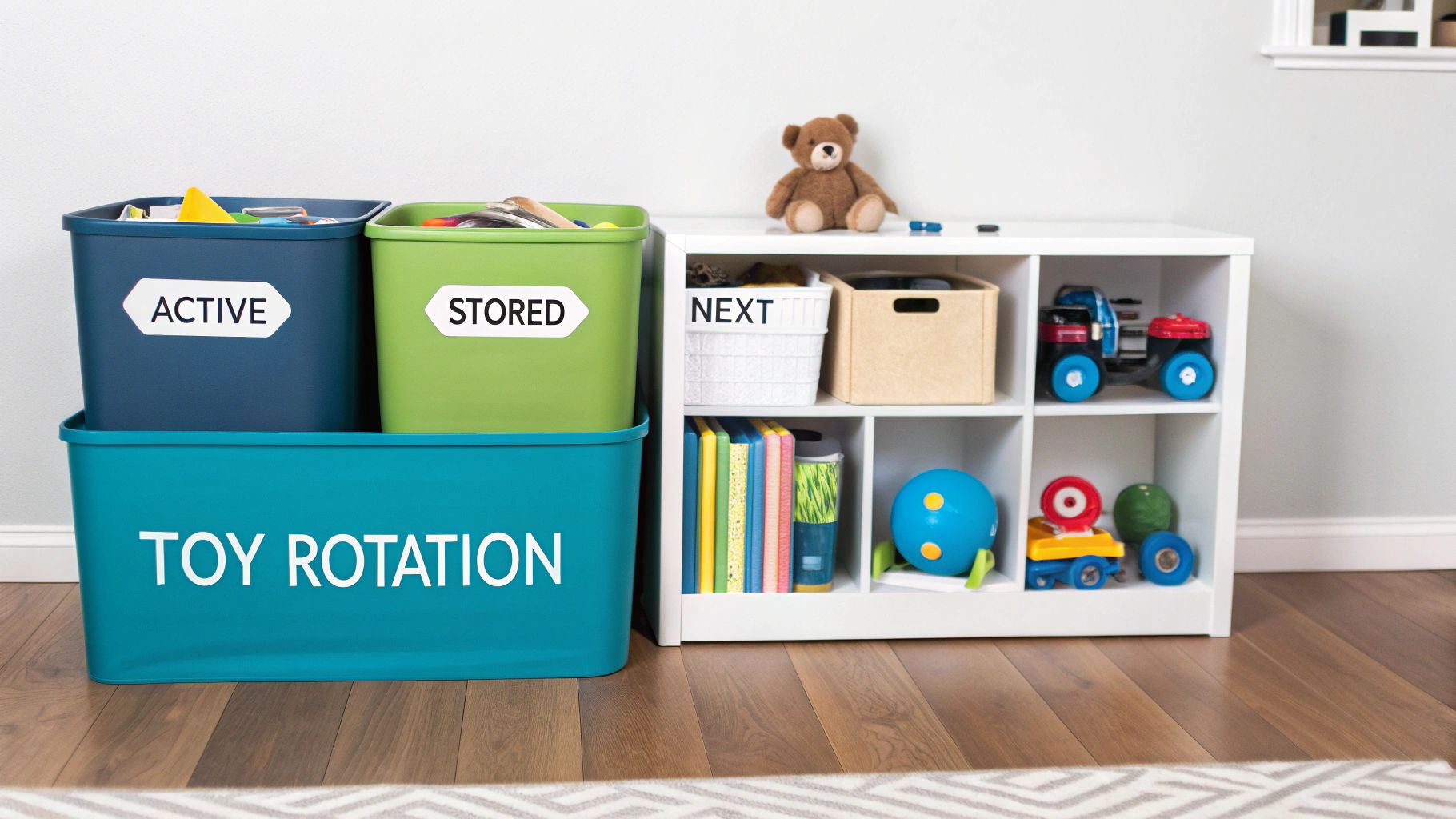 A well-organized play area featuring a toy rotation system with clearly labeled storage bins.