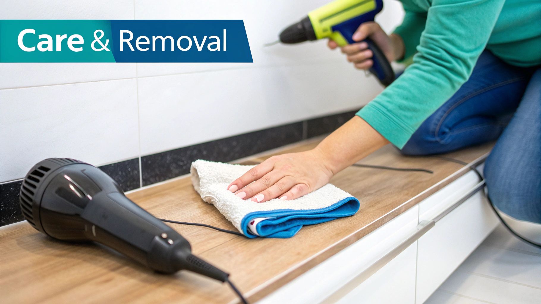A person wiping down a newly covered kitchen backsplash with a soft cloth.