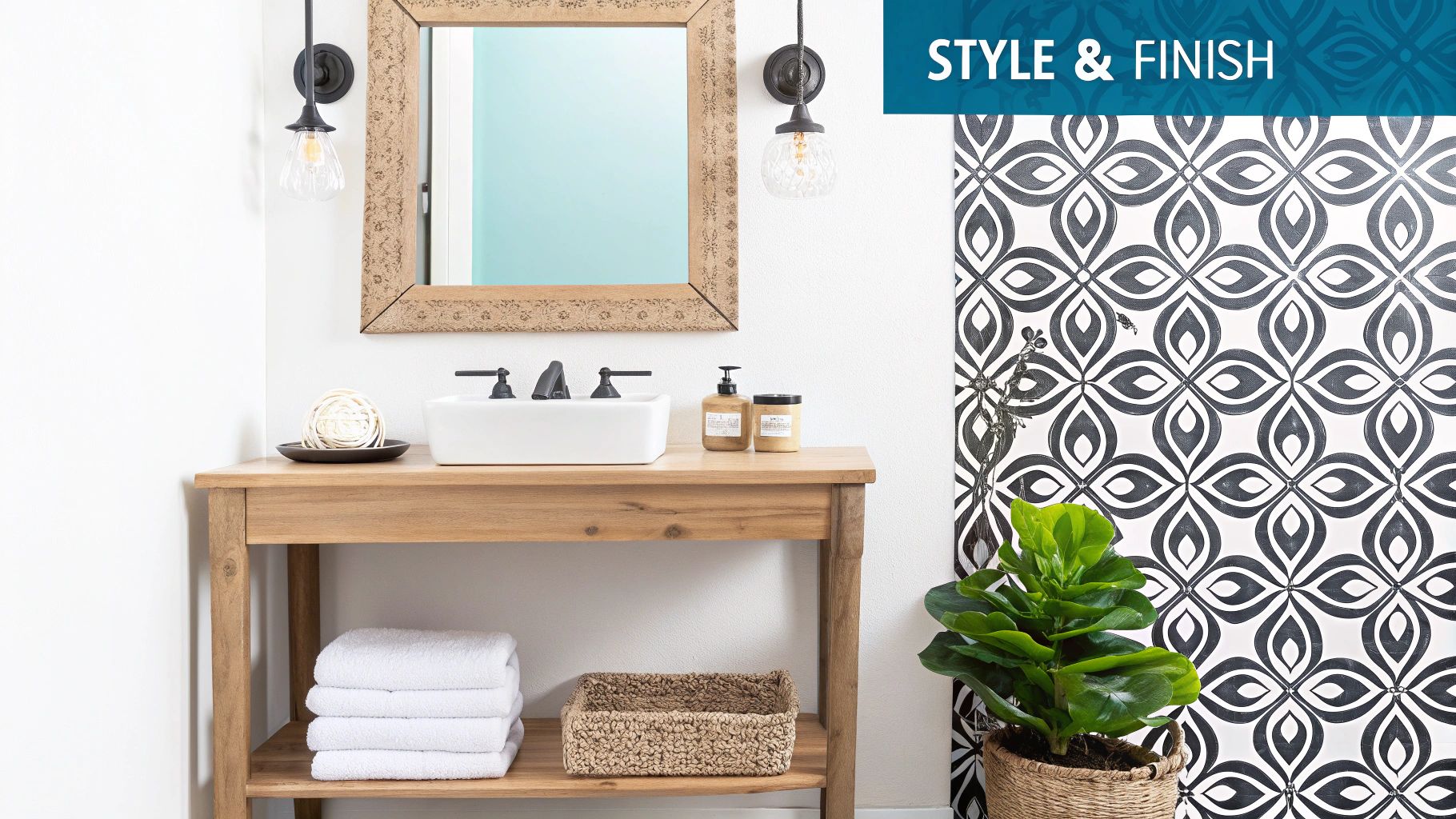 A rustic modern bathroom with a wooden vanity, white sink, mirror, and black and white patterned wallpaper.