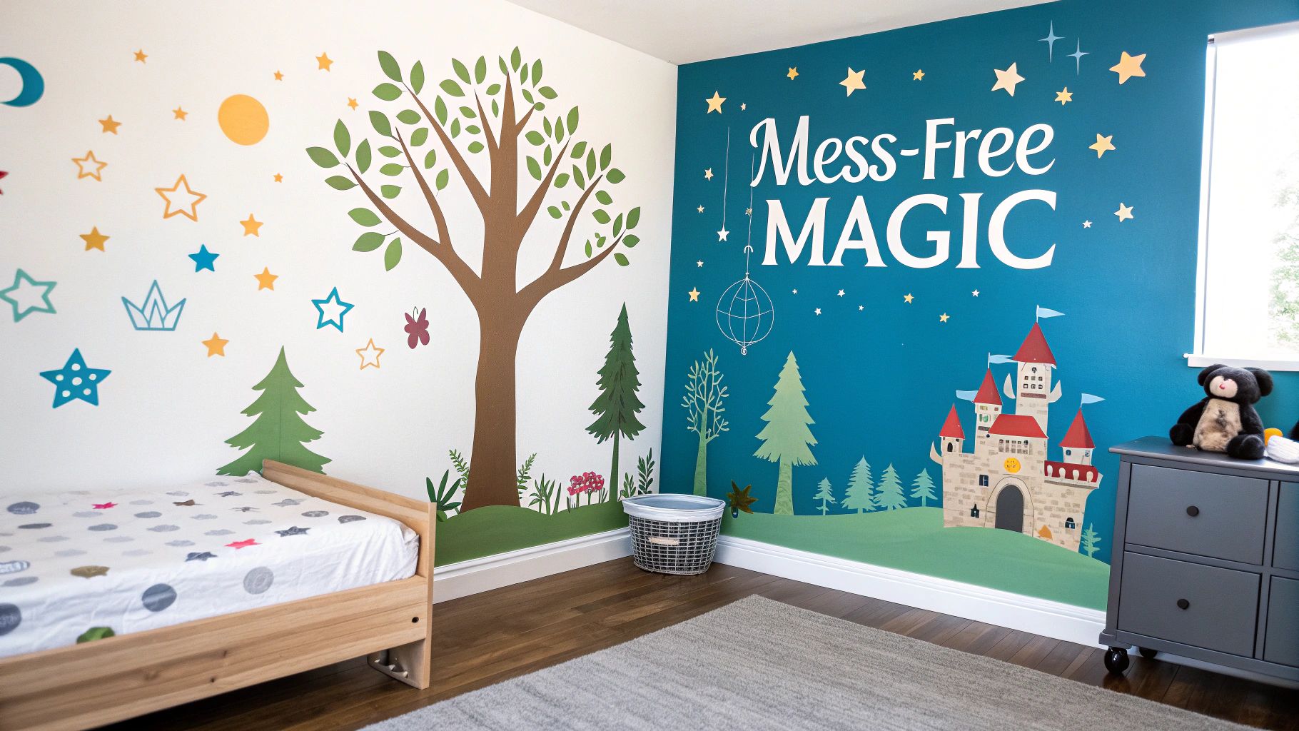 Whimsical child's room featuring fairytale castle and forest wall stickers, a bed and toy.