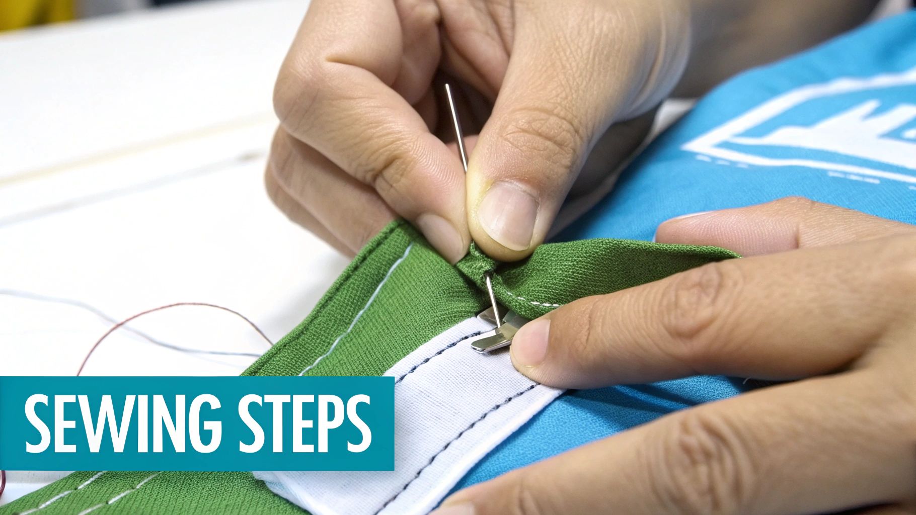 Close-up of hands sewing green fabric with a needle and clip, demonstrating a sewing step.