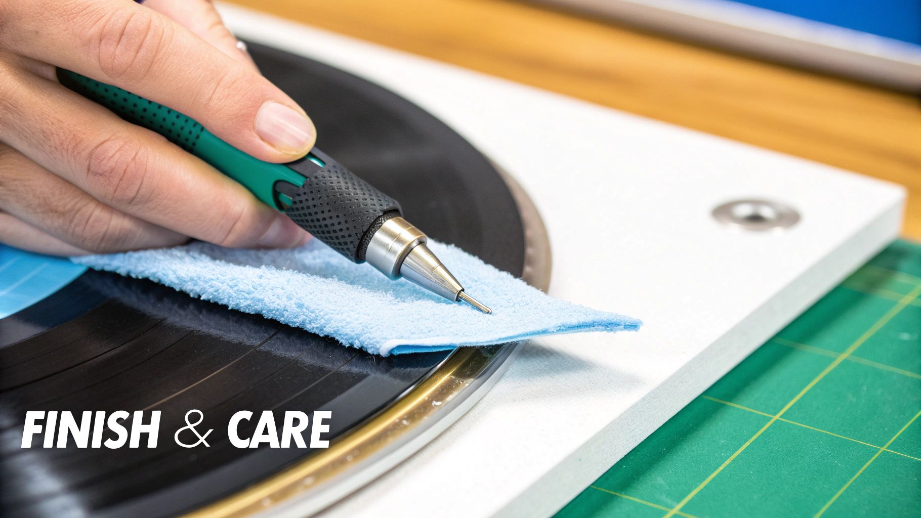 A hand carefully cleans a vinyl record with a stylus cleaner and light blue cloth.