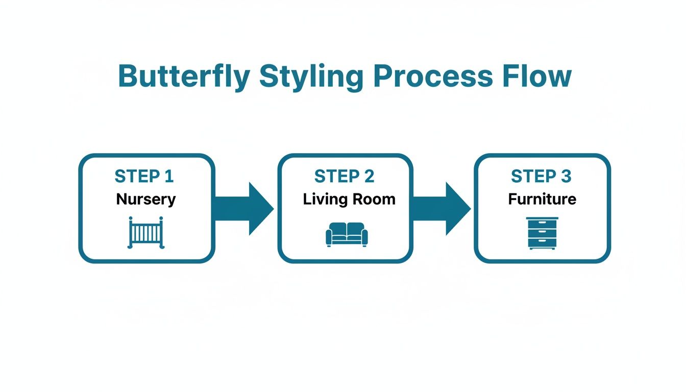 A diagram titled 'Butterfly Styling Process Flow' showing three steps: Nursery, Living Room, and Furniture.