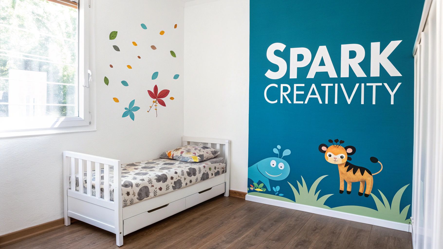 Bright children's bedroom featuring a white bed, window, nature-themed wall stickers, and an inspirational blue wall.