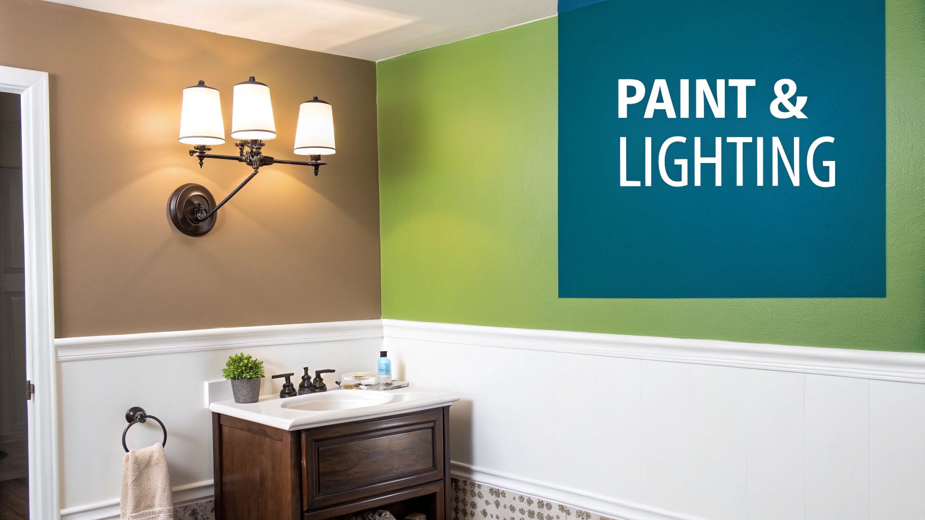 A renovated bathroom with a dark wood vanity, white wainscoting, and a stylish three-light sconce.