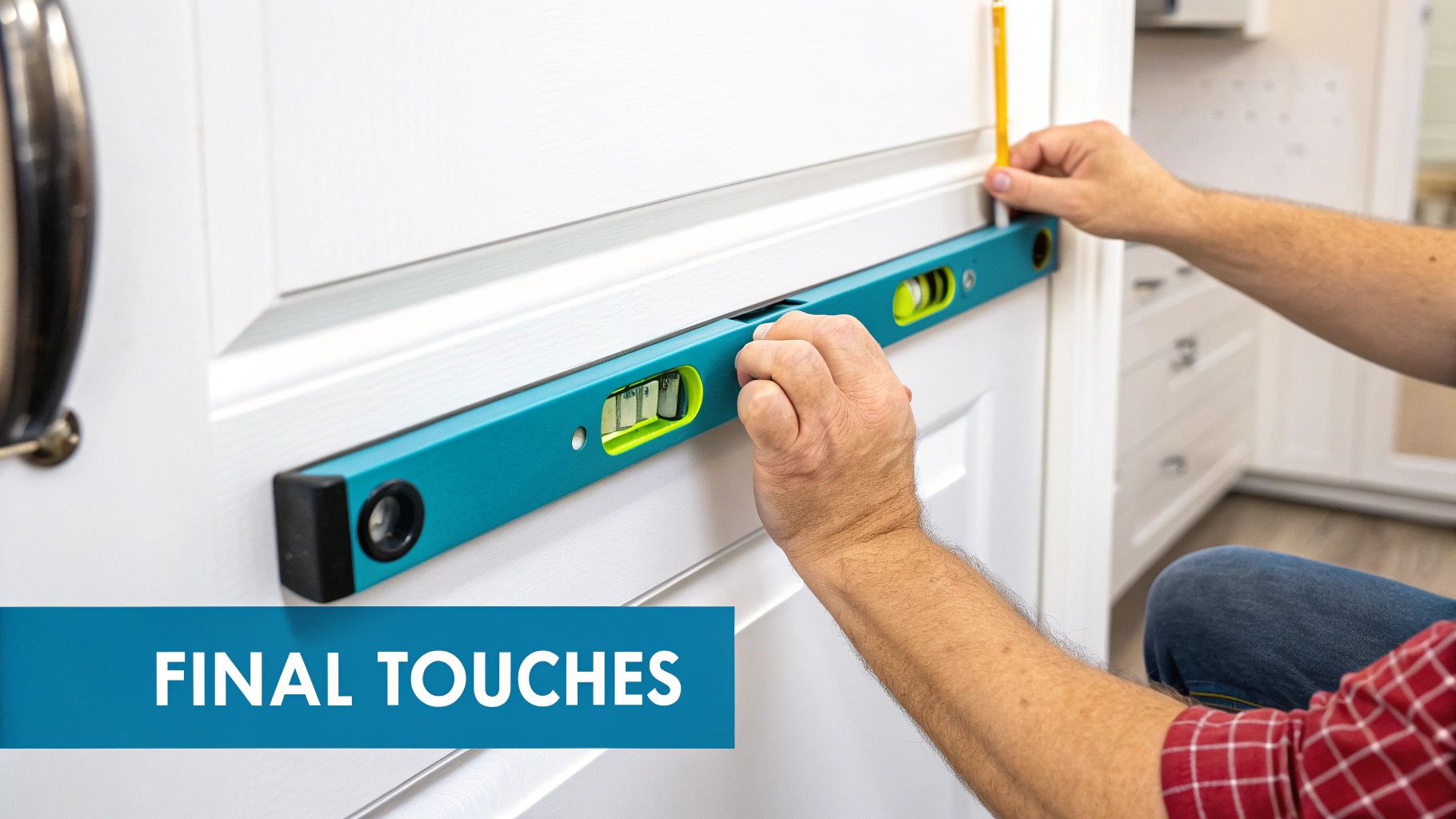 A person uses a teal spirit level and pencil to mark a white kitchen cabinet door.