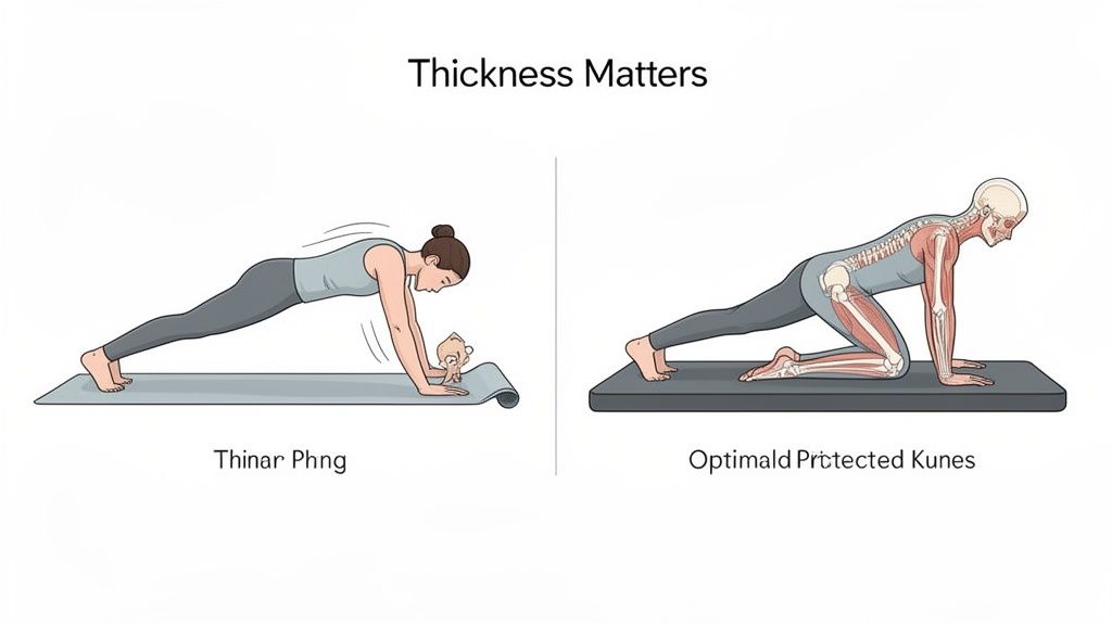 Illustrations showing how exercise mat thickness affects wrist and knee protection during workouts.