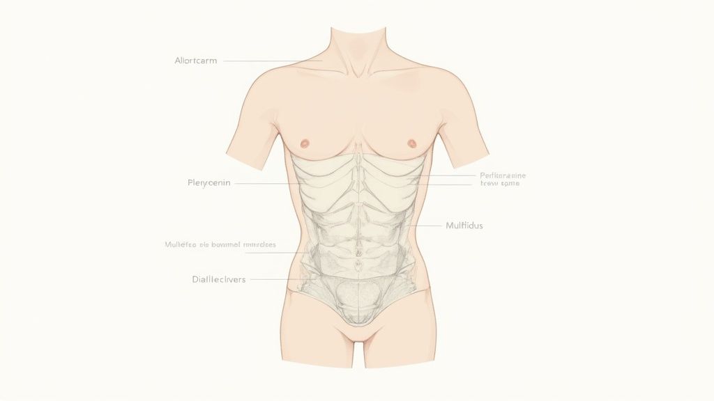 An anatomical illustration of the human torso, highlighting the deep abdominal and core muscles.