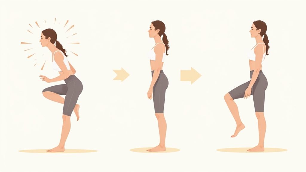 Woman demonstrates a three-stage core exercise: initial engagement, neutral stance, and a standing leg raise.