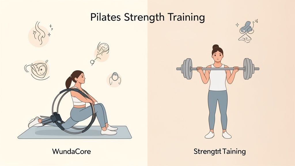 An illustration comparing Pilates strength training with a WundaCore machine and traditional barbell strength training.
