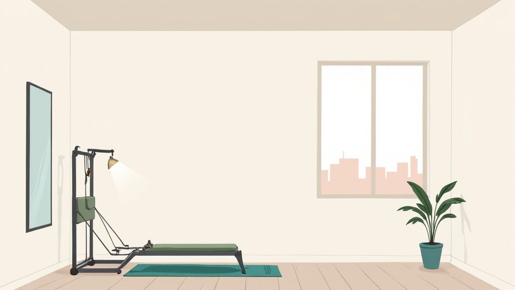 Minimalist home gym interior with pilates reformer equipment, mirror, plant and city view window