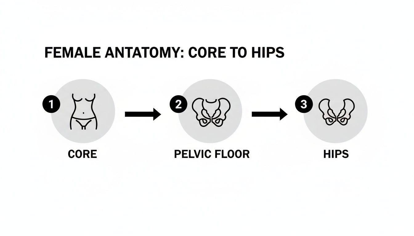 Diagram illustrating female anatomy progression, from core to pelvic floor to hips.