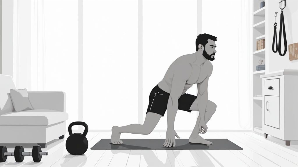 A man doing lunges on a yoga mat in a home gym with dumbbells and a kettlebell.