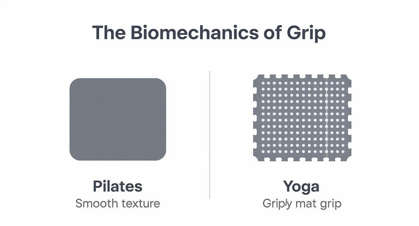 A visual comparison of Pilates smooth mat texture and Yoga griply mat grip, detailing grip biomechanics.