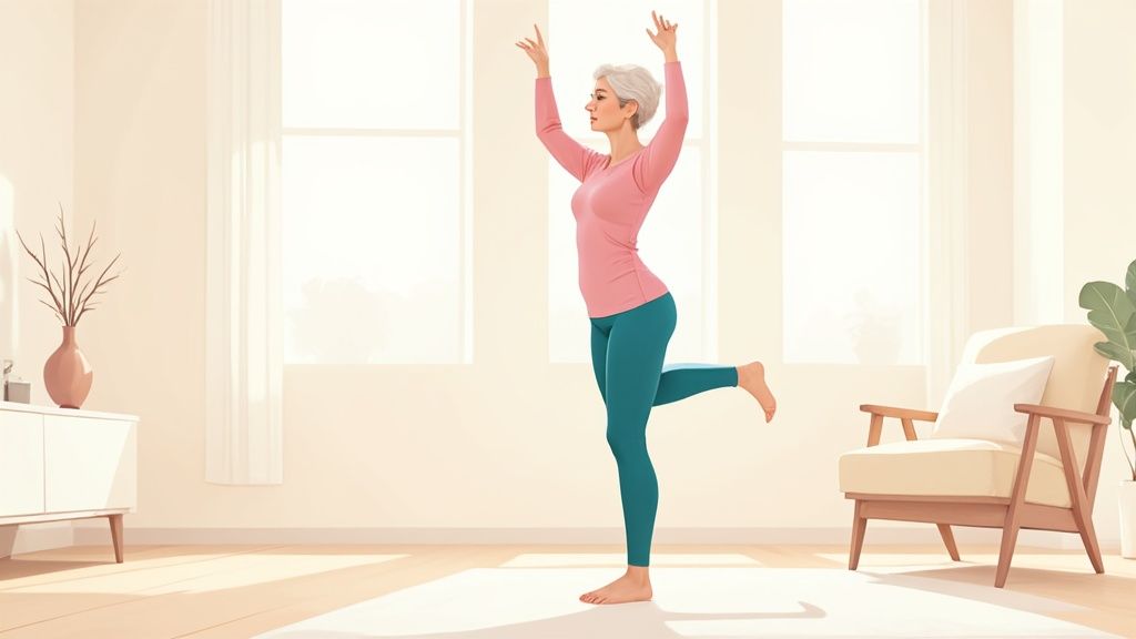 A group of older women doing Pilates exercises on mats in a bright studio