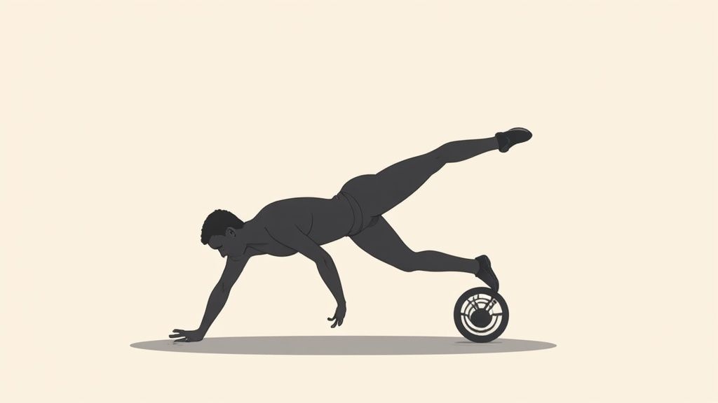 An athletic person in a one-arm plank, one leg raised, the other on a core roller.