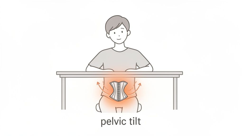 Illustration of a person sitting at a desk, demonstrating pelvic tilt with a support garment.