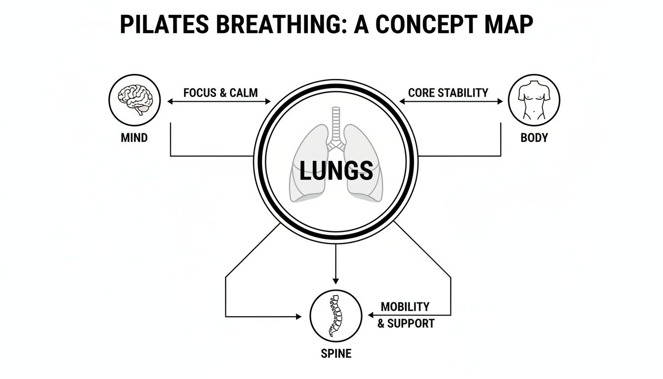 Pilates breathing concept map showing lungs' connection to mind, body, and spine benefits.