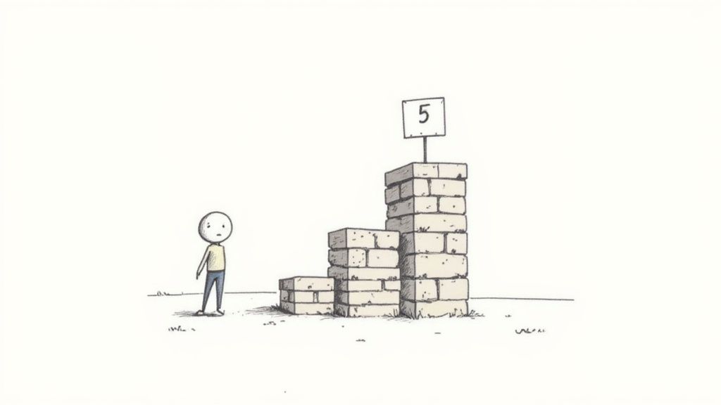 A cartoon person looks at three ascending brick steps, with a sign displaying the number 5 at the top.