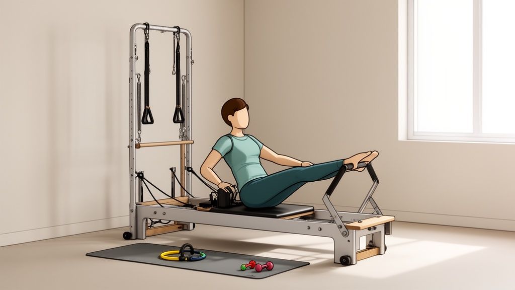 An animated illustration of a person exercising on a Pilates reformer in a bright room.
