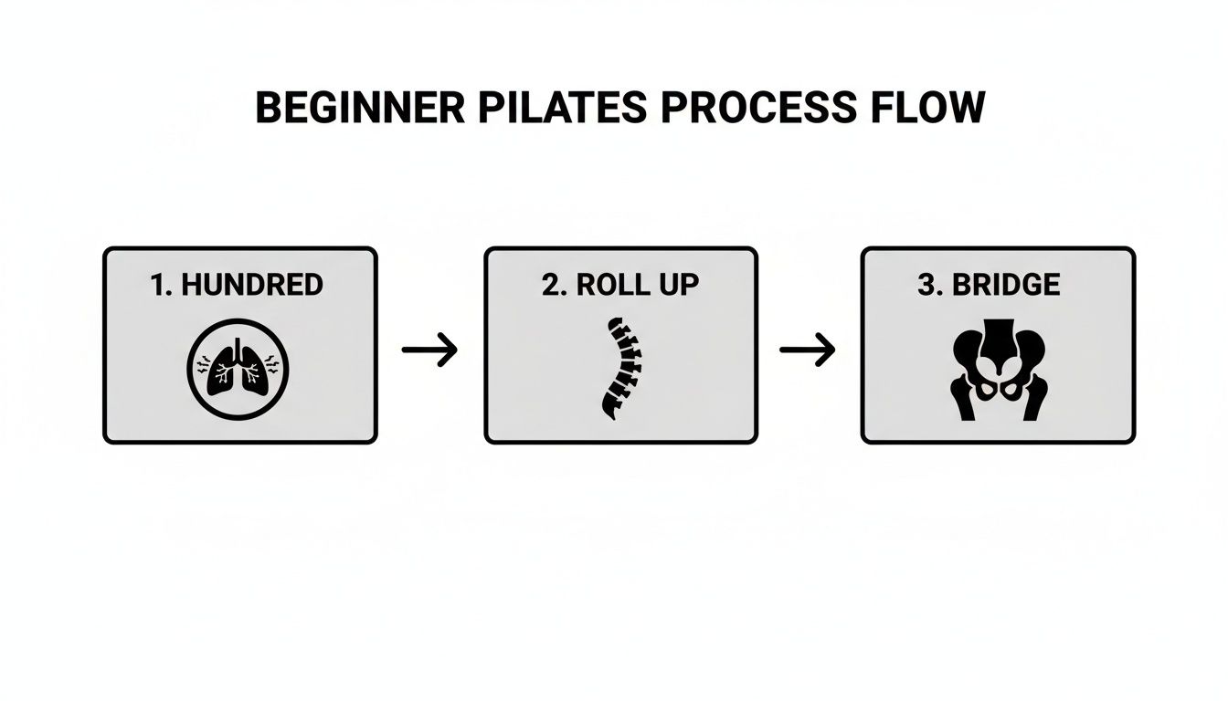 A beginner Pilates process flow chart illustrates three core exercises: Hundred, Roll Up, and Bridge, with corresponding anatomical icons.