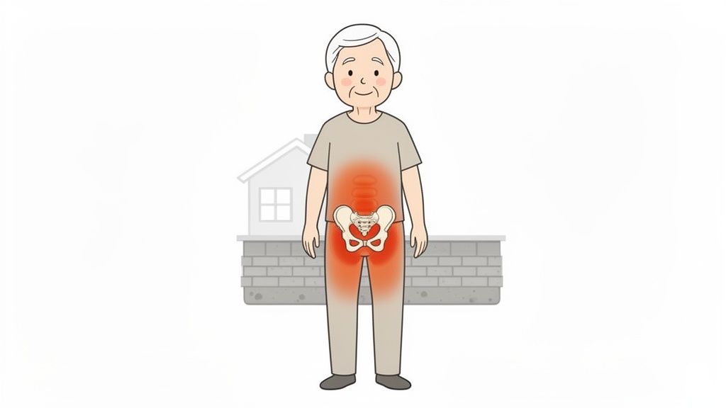 Illustration of an elderly person experiencing joint pain in the lower back, pelvis, and hips.