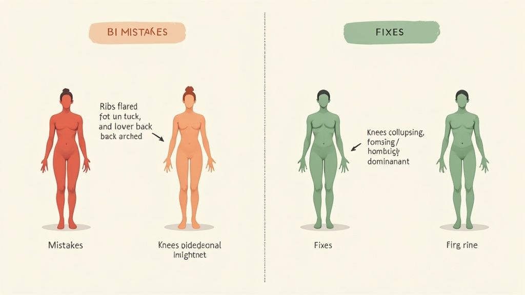 Illustration of common body posture mistakes such as arched back and knee issues, alongside corrected postures.