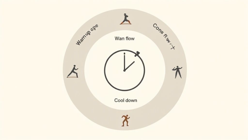 Circular diagram illustrating a workout routine with warm-up, main flow, constant flow, and cool-down phases.