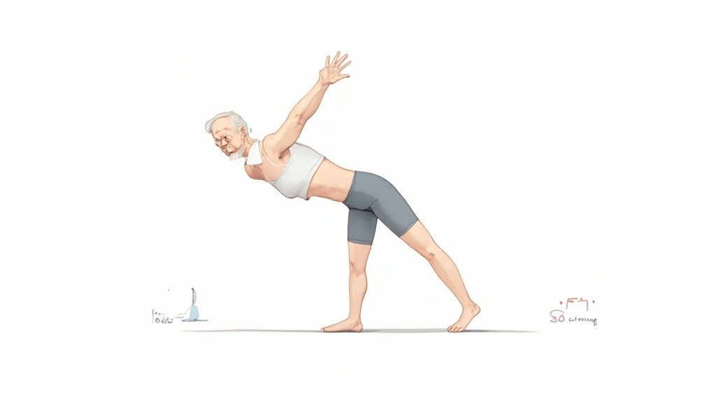 An older person with a white beard in a sports top and shorts holds a challenging yoga balance pose.