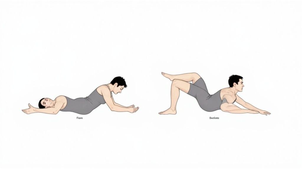 Two illustrated figures demonstrating prone pilates exercises, one with arms extended, the other with a bent leg.