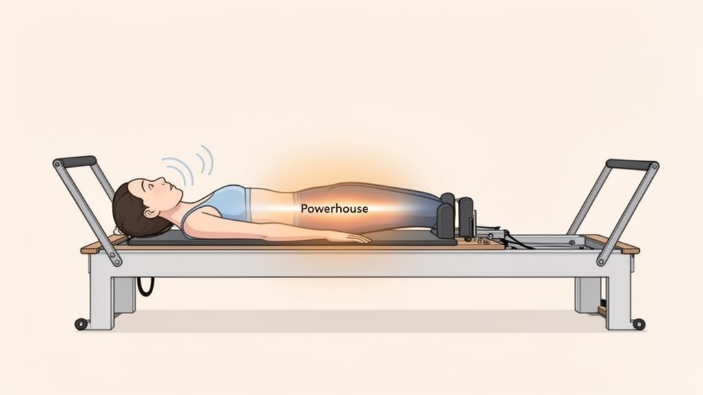 A person lies supine on a Pilates reformer, demonstrating core breathing with the 'Powerhouse' highlighted.