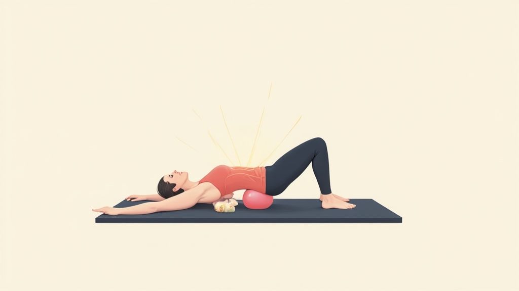 Woman performing a pelvic floor exercise on a yoga mat with a ball and towel.