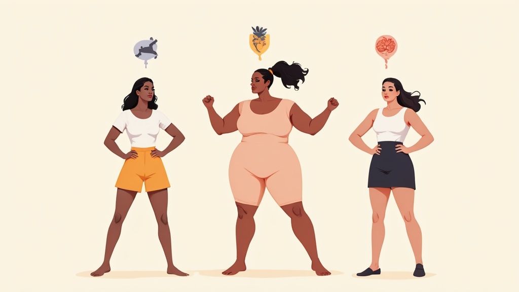 Three diverse women representing physical strength, heart health, and mental well-being, standing confidently.