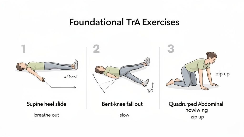 Three foundational Transverse Abdominis (TrA) exercises: supine heel slide, bent-knee fall out, and quadruped abdominal howling.