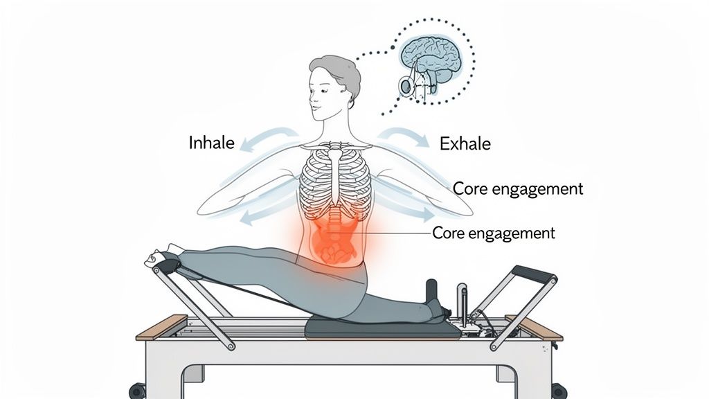 Illustration of a person on a Pilates reformer demonstrating conscious breathing and core engagement.