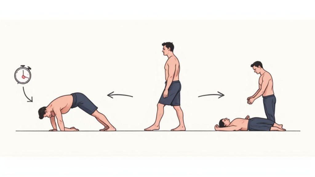 Man demonstrating burpee exercise sequence from standing to plank to kneeling position with timer