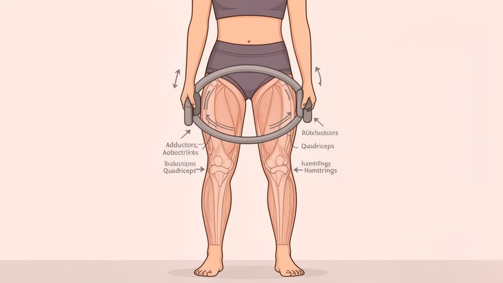 A person demonstrating an inner thigh exercise using a Pilates ring, highlighting leg muscles.
