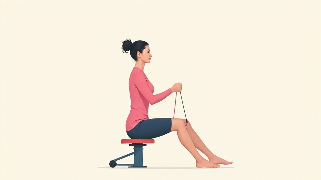 A woman performing seated resistance band rows on a workout bench with proper form.