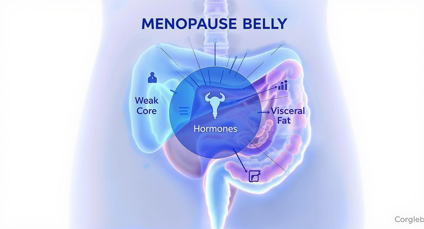 Medical diagram showing menopause belly fat factors including hormones, weak core, and visceral fat accumulation