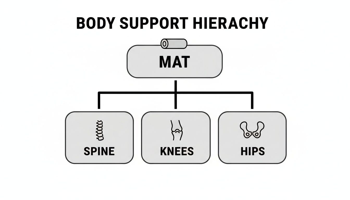 Diagram showing the hierarchy of body support: Mat provides support for spine, knees, and hips.