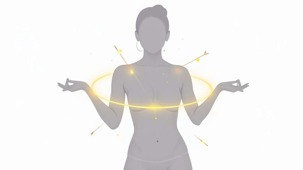 Woman in meditation pose with glowing energy ring around torso symbolizing wellness and mindfulness