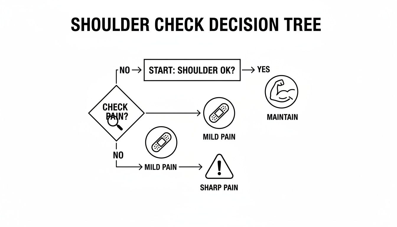 A shoulder check decision tree flowchart visually guiding users through steps based on shoulder pain assessment.